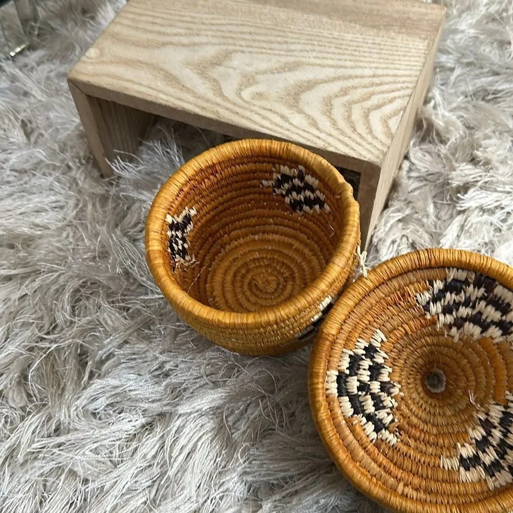 Small Boho Natural Woven Basket With Lid For Home Decor